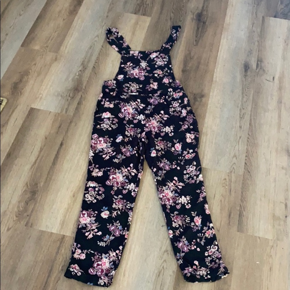 Floral and black skinny leg painter overalls